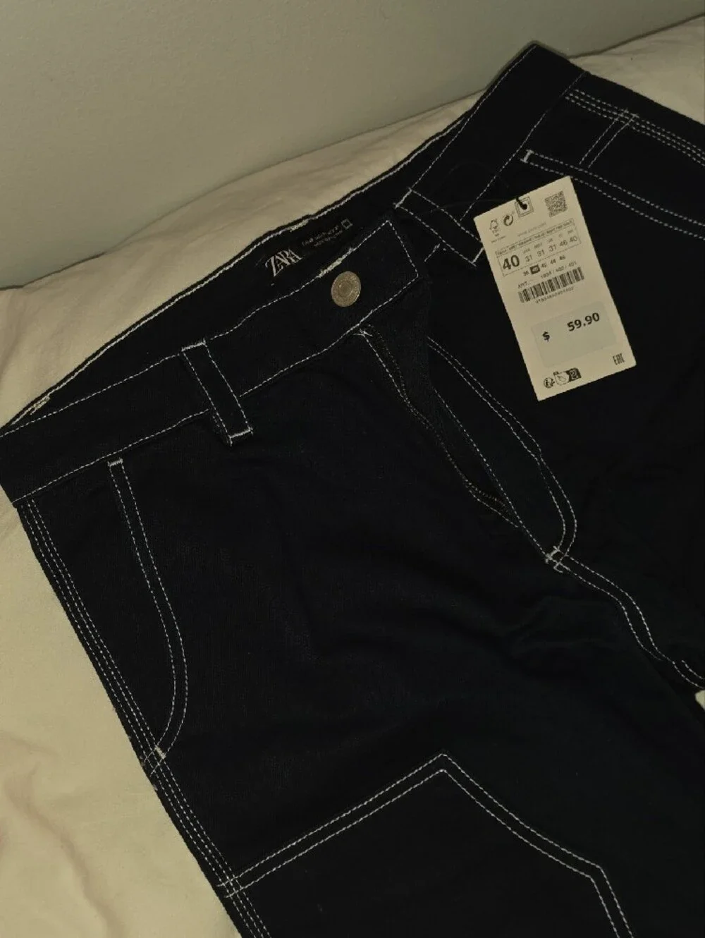 Zara Navy Pants with White Contrast Stitching